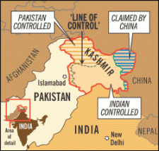 Map of Kashmir showing territory lost to Pakistan and China.