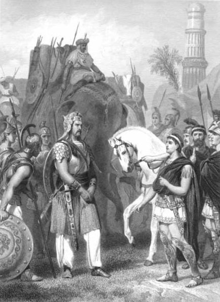 Raja Porus meets Alexander after the Battle of Hydaspes (Jhelum). King Porus (Puru) & Alexander at the Battle of Hydaspes (Jhelum)