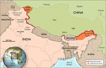 Map showing Aksai Chin in Chinese territory and Arunachal Pradesh.