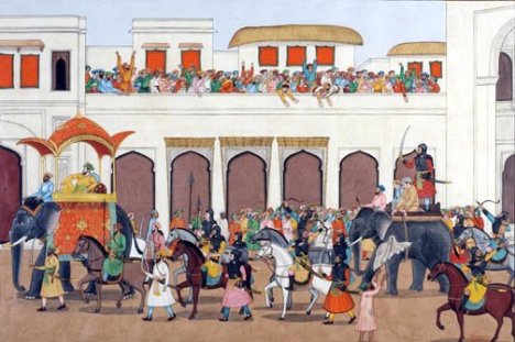 Prince Dara Shukoh (undecorated elephant on right) paraded in public before being executed by his younger brother Aurangzeb.