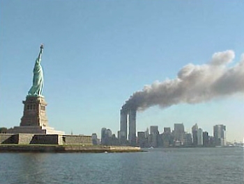Statue of Liberty and WTC on fire. Statue of Liberty and WTC on fire.