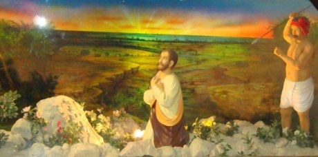 Blood Libel : Tableau of St. Thomas and his fictitious Hindu assassin in San Thome Cathedral. Blood Libel : Tableau of St. Thomas and his fictitious Hindu assassin in San Thome Cathedral