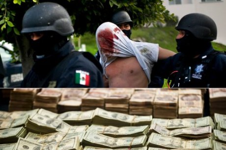 Mexican police officers arrest suspects following a shooting in Tijuana, Mexico, 2009; Mexican police present seized drug cartel money, Mexico City, 2012. Federal police officers arrest suspects following a shooting, Tijuana, Mexico, 2009; Federal presentation of seized cartel money, Mexico City, 2012. (Shaul Schwarz/Getty, Ronaldo Schemidt/AFP/Getty)