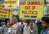 Protest in New Delhi against criminals in politics.