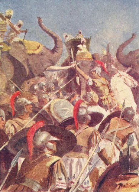 Battle of the Hydaspes: Alexander fighting in the midst of Porus's elephants. Alexander in the midst of Porus's elephants.