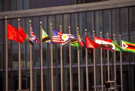 Flags at the United Nations building in New York