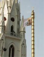 San Thome Cathedral with flag pole (dhavajastambha) as found in Hindu temples.