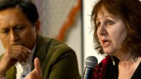 Leslee Udwin (R), director of the documentary 'India's Daughter', gestures during a press conference alongside her co-producer, TV journalist Dibang (L), in New Delhi. (AFP Photo)