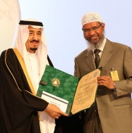 A handout picture released by the King Faisal Foundation on March 1, 2015 shows Saudi King Salman bin Abdul Aziz (L) presenting Zakir Naik, president of the Islamic Research Foundation in India, with the 2015 King Faisal International Prize for Service to Islam in Riyadh. Naik was honoured for being one of the most renowned non-Arabic speaking promoters of Islam. He founded the Peace TV channel, billed as the world's only channel specialising in comparative religion. 