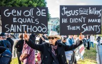 Protest against the canonization of Junipero Serra at Mission Dolores, California