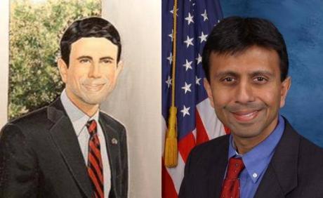 Unofficial portrait of Louisiana Governor Bobby Jindal as a White Man done by a Republican supporter. It used to hang outside the governor's office in Baton Rouge (L). Governor Bobby Jindal as his ethnic Indian self (of which he is so ashamed) (R). Bobby Jindal
