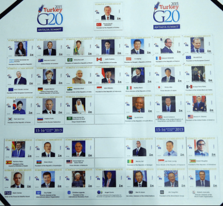 G20 2015 Summit Leaders on Turkish Postage Stamps. Modi's stamp is third from left in second row.