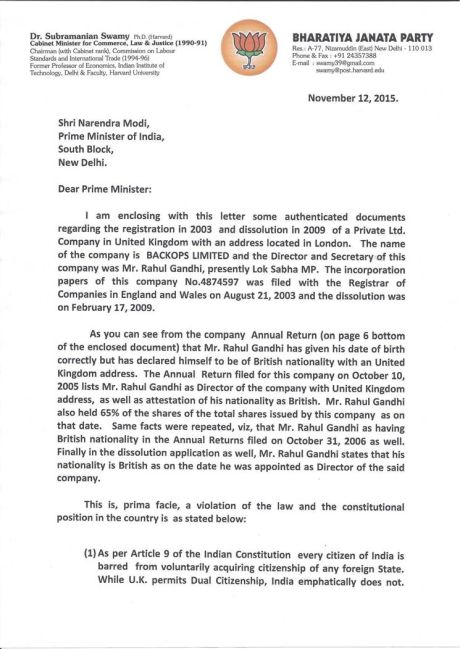 Subramanian Swamy's letter to Narendra Modi (1) Subramanian Swamy's letter to Narendra Modi (1)