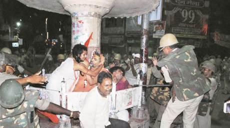 Varanasi: Police lathi-charge members of Sri Kashi Maratha Ganesha Utsav Samiti who were staging a dharna after they were prevented from immersing idols in Ganga river,.