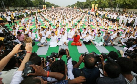 Yoga exponent Ramdev, Union Minister Venkaiah Naidu, BJP MPs Meenakshi Lekhi, Manoj Tiwari and others practice Yoga during a yoga camp ahead of the International Yoga Day on June 21, at Rajpath in New Delhi on Sunday, June 21, 2016