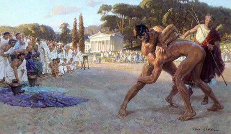 Ancient Greek wrestlers at Olympia. All athletes performed in the nude. Ancient Greek wrestlers at Olympia