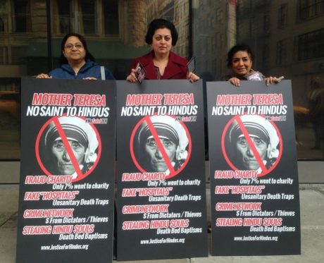 Protest against Mother Teresa's canonisation in New York City (2016).