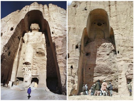 The 55-meter-high male Buddha statue, called Salsal, in Bamiyan, on Dec. 18, 1997 (left) and after its destruction on March 26, 2001 (right). The 180-foot-high Buddha statue in Bamiyan, central Afghanistan on Dec. 18, 1997 (left) and after its destruction on March 26, 2001