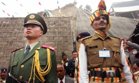 Soldiers at the India-China border crossing Nathu-la