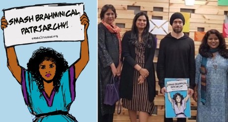 Twitter CEO Jack Dorsey with anti-Hindu Indian feminists holding a placard saying "Smash Brahminical Patriarchy".
