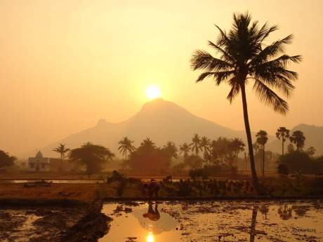 Surya rising over Arunachala Hill at Tiruvannamalai. Arunachala Hill
