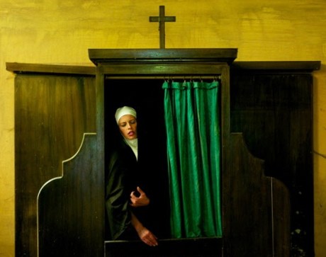Priestly blackmail and sexual abuse of nuns almost always starts in the religious congregation's confessional booth. Nun in confessional booth