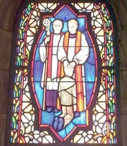 Church window with priests and boy