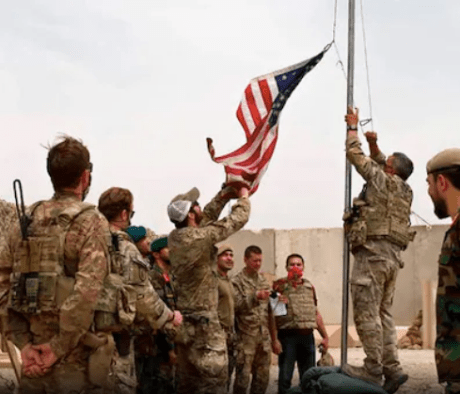 US flag lowered as Americans leave their Afghanistan base.