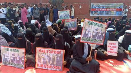 Muslim girls in burqa demonstrate for wearing hijab in classrooms in Karnataka. Hijab Controversy Karnataka