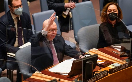 Russian ambassador Vasily Nebenzya vetos UNSC vote on Ukraine (Feb 25, 2022). Russian ambassador Vasily Nebenzya vetos UNSC vote on Ukraine (Feb 25 2022)