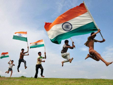 India flag with village boys.
