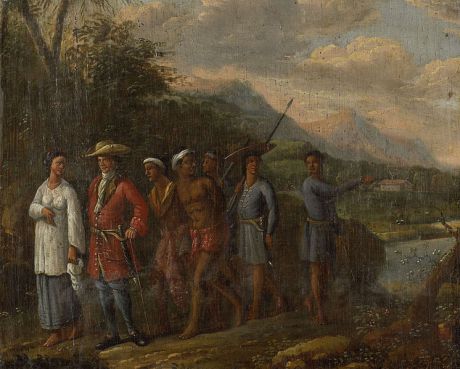 An 18th-century merchant with slaves in the Dutch East Indies (Indonesia).