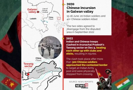 India and China clash on Dec 9, 2022 at Tawang, Arunachal Pradesh.