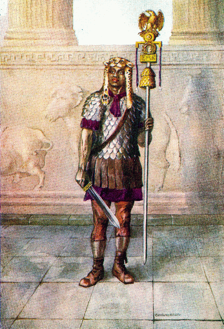 Roman standard-bearer wearing a leapard skin headdress.