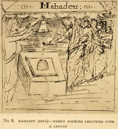Peter Mundy's sketch of women doing abhishek to the Vishwanath Shiva lingam in the 17th century. Peter Mundy's sketch of women doing abhisheka to the Vishwanath Shiva lingam in the 17th century.