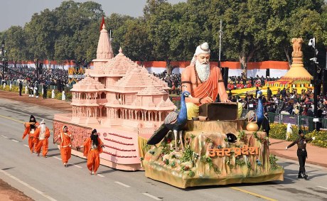 The UP tableau with the Ram temple model, passes through the Kartavya Path during 72nd Republic Day parade, in New Delhi on January 26, 2021. The new temple in Ayodhya will be inaugerated on January 22, 2024. The Uttar Pradesh tableau passes through the Kartavya Path at the 72nd Republic Day Celebrations, in New Delhi on January 26, 2021.