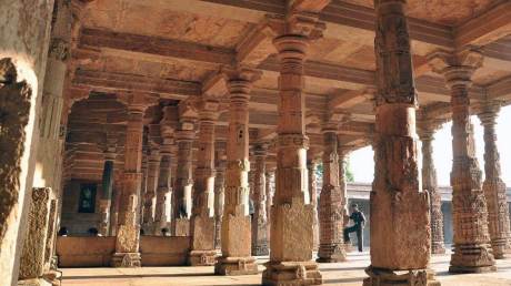 Defaced temple pillars in the Bhojshala complex. Bhojshala Pillars.