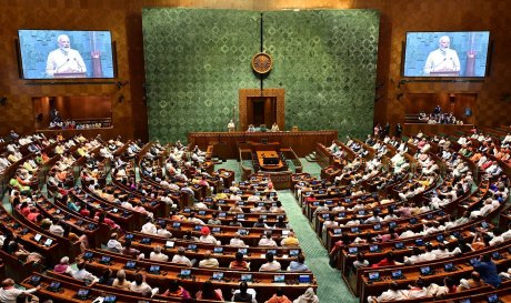 Prime Minister Narendra Modi speaks after the inauguration of the new parliament building, in New Delhi, India, Sunday, May 28, 2023.