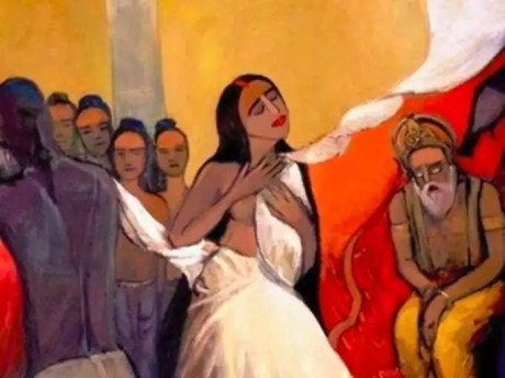 Bhishma watches the disrobing of Draupadi.