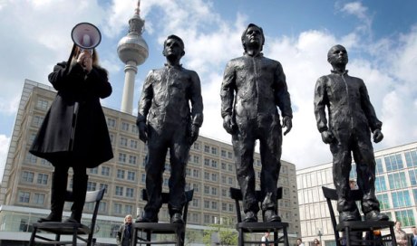Sculptures of Snowden, Assange and Manning at the International Journalism Festival, Perugia, Italy.