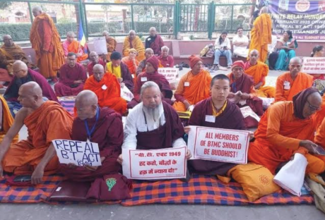Buddhist monks protest in Bodh Gaya in March 2025.