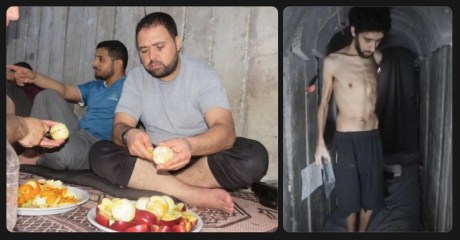Hamas terrorists feasting while their hostage, Evyatar David, starves.