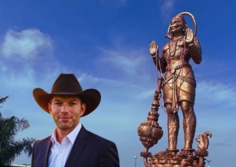 Texas Republican leader Alexander Duncan and Hanuman statue in Sugarlnd, Texas.