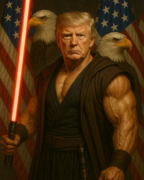 Meme posted on X by the White House in May 2025. Trump is dressed in the costume of a Jedi, the guardians of order and justice, but he is carrying the red light sabre of the evil Siths, the enemy and ideological antithesis of the Jedi. Donald Trump