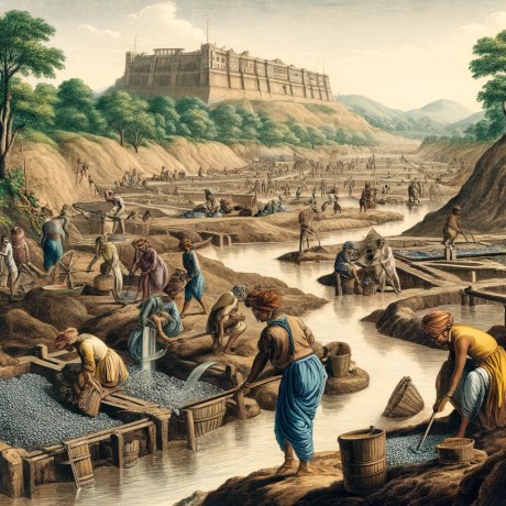 The mines of Golconda were not underground shafts but were rather extensive alluvial fields where diamonds were collected from the riverbeds and soils where they had been deposited. These fields were famously productive, and the diamonds extracted from them were known for their purity and size.