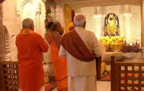 Prime Minister Narendra Modi and RSS Chief Mohan Bhagwat at the Sri Ram Lalla Temple. Narendra Modi and Mohan Bhagwat ay Sri Ram Lalla Temple.