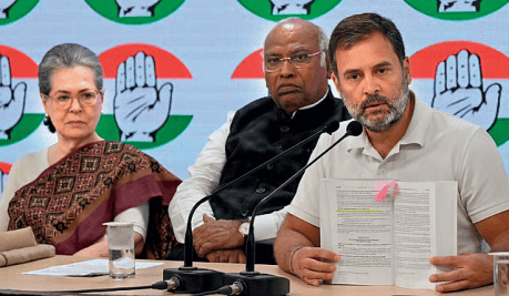 Sonia Gandhi, Congress president Mallikarjun Kharge and Rahul Gandhi. 